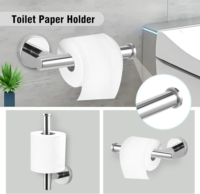 5 Piece Modern Style Wall Mounted Bathroom Hardware Set | #304 Stainless Steel, 24" Towel Bar Mount, Towel Rings, L Shape Toilet Paper Holder, Bathrobe Hook (Chrome)