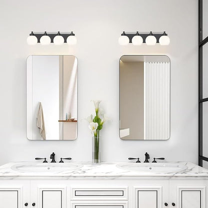 IZORRO Bathroom Light Fixtures, 4-Light Matte Black Vanity Light, Modern Wall Sconces with Globe Milk White Glass Shade, Vanity Lighting Fixtures Over Mirror,E26 Bulb Socket