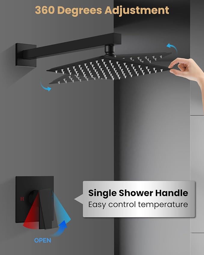 Airuida 8 Inch Matte Black Shower Faucet Set,Shower Valve Kit | Rainfall Shower Head and Handle Set,Female Thread Rough-in Valve Shower Kit,Single Function Shower System