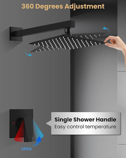 Airuida 8 Inch Matte Black Shower Faucet Set,Shower Valve Kit | Rainfall Shower Head and Handle Set,Female Thread Rough-in Valve Shower Kit,Single Function Shower System