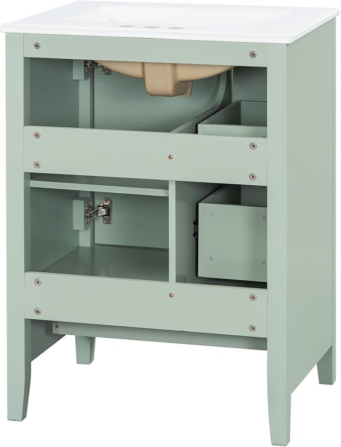 24" Bathroom Vanity with Ceramic Sink,Undermount Single Basin Bath Vanity Set w/3 Drawers and Adjustable Shelf,Modern Freestanding Storage Cabinet,MDF & Rubberwood,Green
