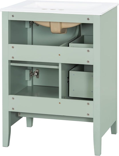 24" Bathroom Vanity with Ceramic Sink,Undermount Single Basin Bath Vanity Set w/3 Drawers and Adjustable Shelf,Modern Freestanding Storage Cabinet,MDF & Rubberwood,Green