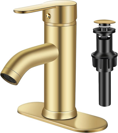 Brushed Gold Bathroom Faucet, Single Handle Sink Faucet, 1 Hole or 3 Hole, Bathroom Vanity Faucet, with Pop-up Drain and Deck