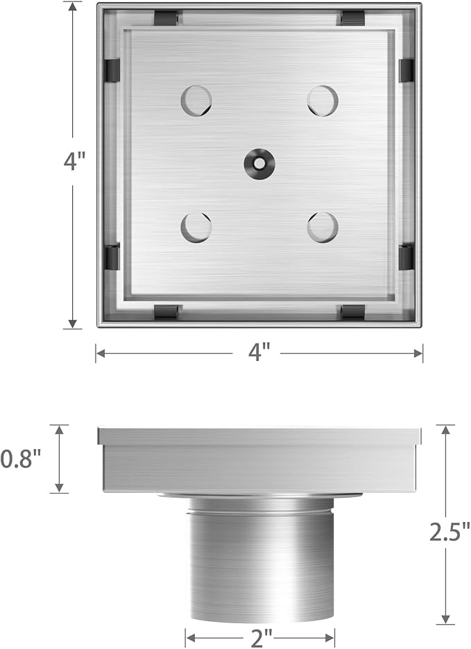 4 Inch Square Shower Drain with Tile Insert Grate, Brushed | 304 Stainless Steel, Square Tile Floor Drain for Bathroom, Removable Tile-In Drain Grate with Hair Strainer, cUPC Certified