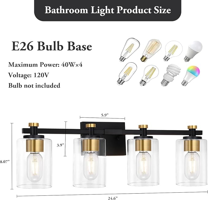 4 Light Bathroom Light Fixtures, Black and Gold Bathroom Vanity Light with Clear Glass Shade, Modern Bathroom Lights Over Mirror Wall Sconce, Brushed Gold Vanity Lights for Bathroom