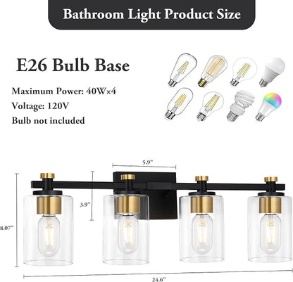 4 Light Bathroom Light Fixtures, Black and Gold Bathroom Vanity Light with Clear Glass Shade, Modern Bathroom Lights Over Mirror Wall Sconce, Brushed Gold Vanity Lights for Bathroom
