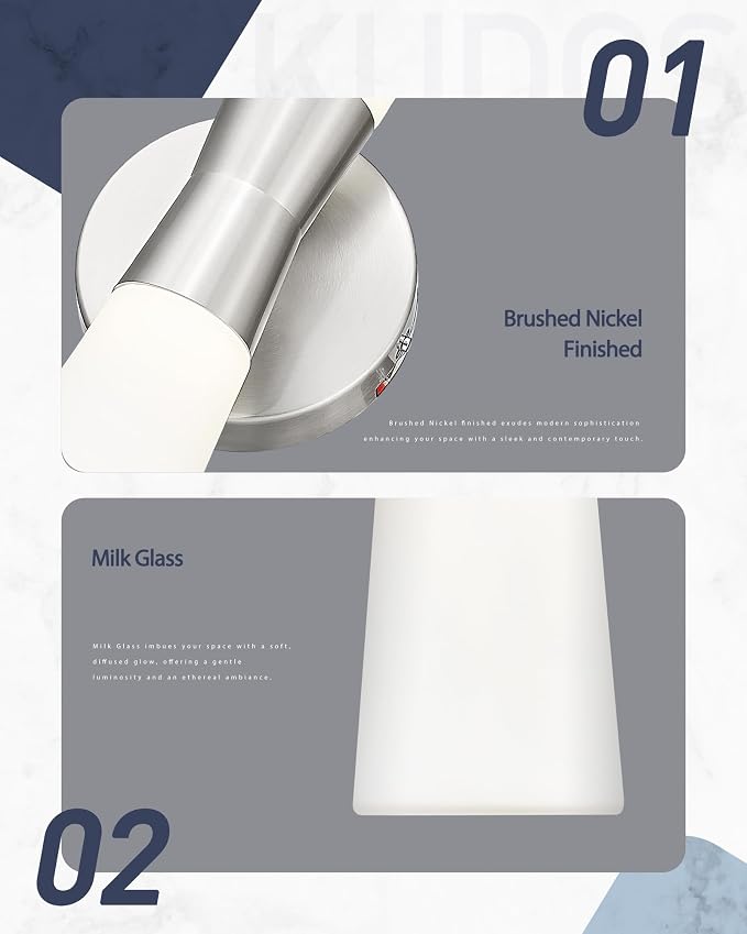 kudos 16 Inch Brushed Nickel Vanity Lights, Milk White Glass, KDVL13-BN | LED, 14W, 1100 Lumens, 3000K, 4000K and 5000K Selectable, Hardwired,for Bathrooms and Bedrooms