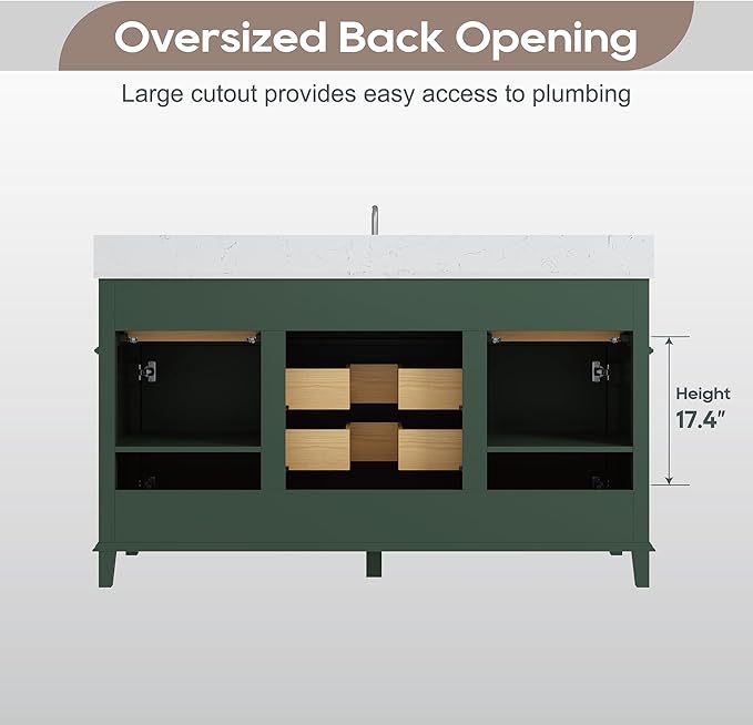 60 Inch Green Bathroom Vanity Single Sink, Fully Assembled Bathroom Vanities with Soft Closing Doors & Dovetail Drawers, Solid Wood Vanity Bathroom, 60 Inch Vanity Single Sink
