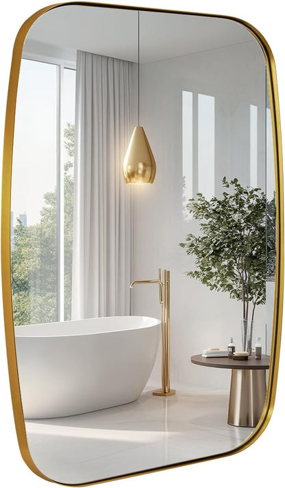 Gold Oblong Mirror, 32x40 Inch Gold Oval Mirror for Bathroom with Stainless Steel Metal Frame, Wall Mouned for Bathroom, Living Room, Entryway