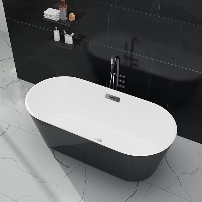 Freestanding Bathtub 59 inch, Acrylic Freestanding Bathtub 59 inch Black & White, Acrylic Stand Alone Tub with Integrated Overflow and Chrome Drain, Modern Free Standing Tub for Bathroom