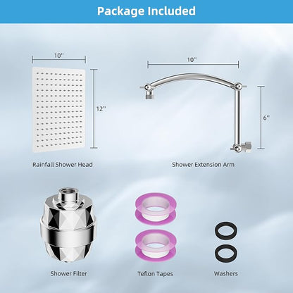 Hibbent 12'' Filtered Rain Shower Head with 16'' Extension Arm, Chrome | High Pressure Rainfall Showerhead, Brass Adjustable Shower Head Extension Arm, 20 Stage Shower Filter, Fixed Showerheads
