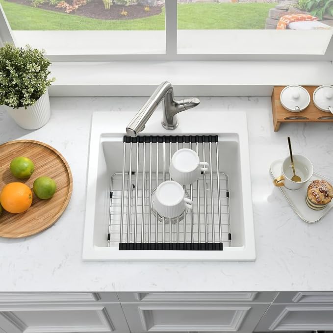 21 Inch White Bar Sink Drop In Quartz Workstation Outdoor RV Sink | 21x20 White Drop In Kitchen Sink, Single Bowl Wet Bar Sinks with Cutting Board,Resistant to Stain, Heat, Chipping