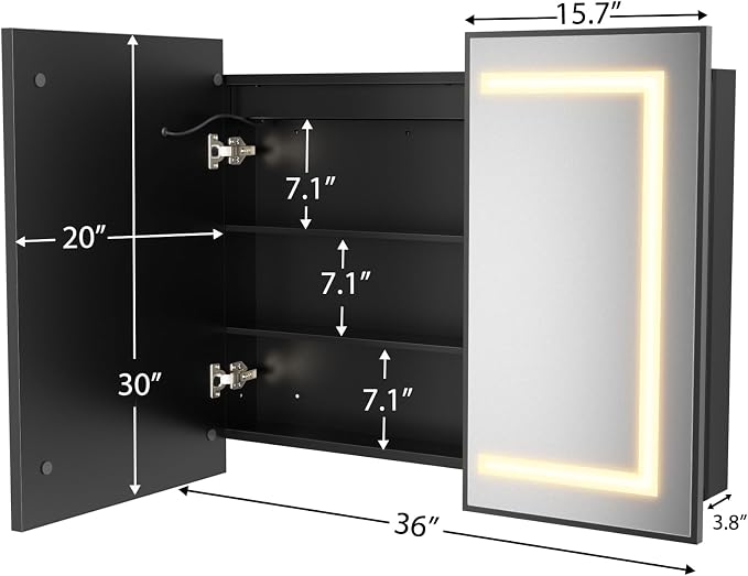 ROOMTEC 36 x 30 Inch Medicine Cabinet Mirror with LED Lights, Black Bathroom Medicine Cabinet with Mirror and Storage, Recessed or Wall Mount, 3 Color Temperature, Dimmable Light