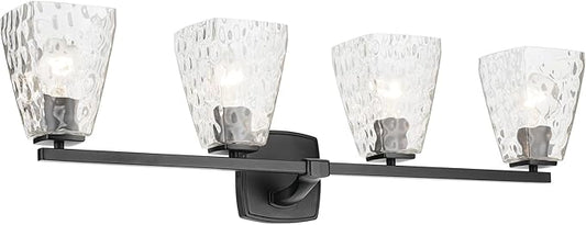 Kichler Marant 33.25" 4-Light Vanity Light with Clear Water Glass in Black, for Bathroom, Powder Room, Over a Mirror, (33.25" W x 9.5" H), 55217BKWTR
