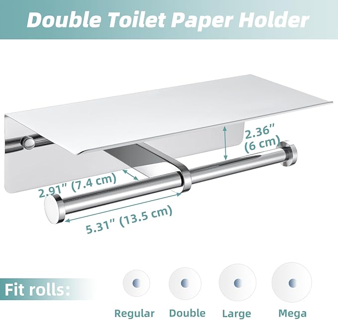 Polished Chrome Double Toilet Paper Holder with Shelf, Wall Mounted | 304 Stainless Steel, Rustproof for Bathroom, Restroom, Powder Room, Kitchen, 2-in-1 Functional Paper Roll & Phone Storage