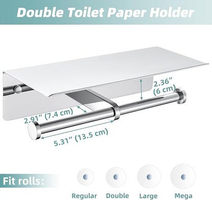 Polished Chrome Double Toilet Paper Holder with Shelf, Wall Mounted | 304 Stainless Steel, Rustproof for Bathroom, Restroom, Powder Room, Kitchen, 2-in-1 Functional Paper Roll & Phone Storage