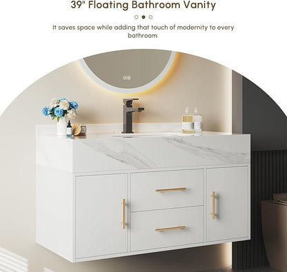 Bathroom Vanity with Sink 39.5" Floating Bathroom Vanity Sintered Stone Modern Bathroom Vanity Set, White (Wall Mounted, Gold Handle)