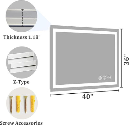 Koonmi 40x36 LED Bathroom Mirror, Shatterproof Mirror with Light | 90CRI Vanity Mirror with Anti-fog Backlit + Front Lit, 3 Color, Easy Install for Bathroom Hotel (IP65)