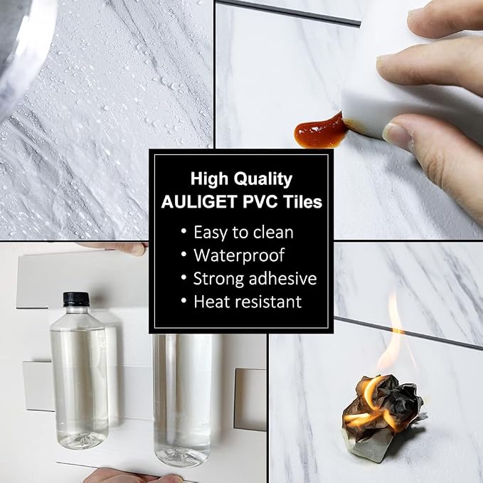 AULIGET 6" x 12" White Marble Peel and Stick Backsplash Wall Tiles, PVC Faux Stone Stick on Tiles for Backsplash Kitchen, Bathroom, Laundry Room, Camper, Fireplace (Pack of 20)