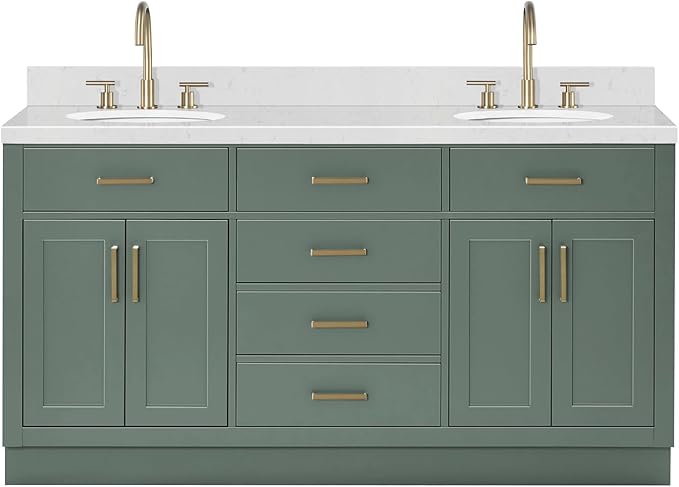 ARIEL Hepburn 66 Inch Double Oval Sink Bathroom Vanity with Carrara White Quartz Countertop 1.5 Inch in Vintage Green