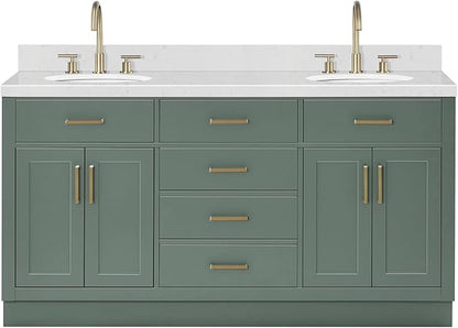 ARIEL Hepburn 66 Inch Double Oval Sink Bathroom Vanity with Carrara White Quartz Countertop 1.5 Inch in Vintage Green