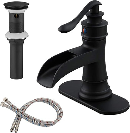 BWE Matte Black Waterfall Bathroom Sink Faucet 1 Hole or 3 Hole, Single Handle Lavatory Faucet with Brass Pop-Up Drain and Water Supply Lines