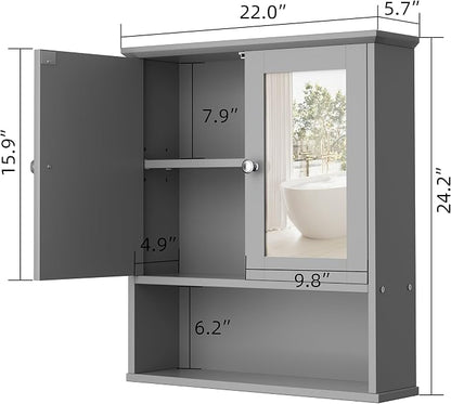 Shintenchi Bathroom Medicine Cabinet with Mirror, Wall Mounted, Gray | Over The Toilet Cupboard, Adjustable Shelf, Open & Concealed Storage, 2 Magnet Doors, Space-Saving, Easy to Clean