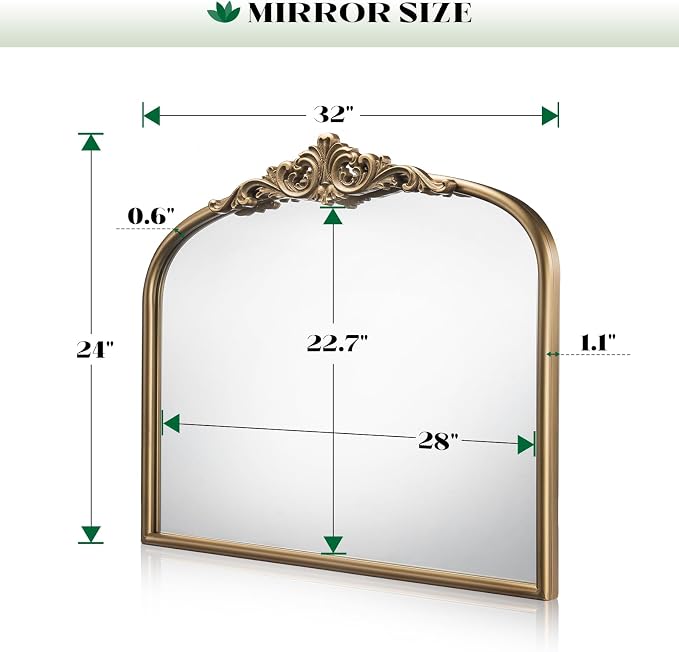 Vintage Gold Mirror, 32"x24" Antique Gold Bathroom Wall Mirrors | Large Ornate Arch Mirror, Mantel Mirror for Over Sink, Fireplace, Entryway,Bedroom, Living Room, Hanging or Leaning