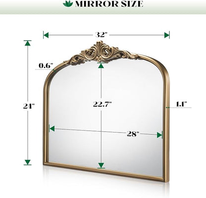 Vintage Gold Mirror, 32"x24" Antique Gold Bathroom Wall Mirrors | Large Ornate Arch Mirror, Mantel Mirror for Over Sink, Fireplace, Entryway,Bedroom, Living Room, Hanging or Leaning