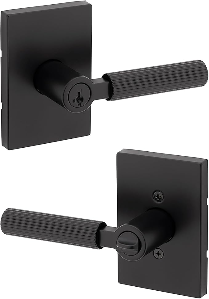 Kwikset Mirada Reeded Entry Door Handle with Lock and Key, Secure Keyed Reversible Lever Exterior, Door Lock for Front Door, Matte Black, Pick Resistant SmartKey Security and Microban