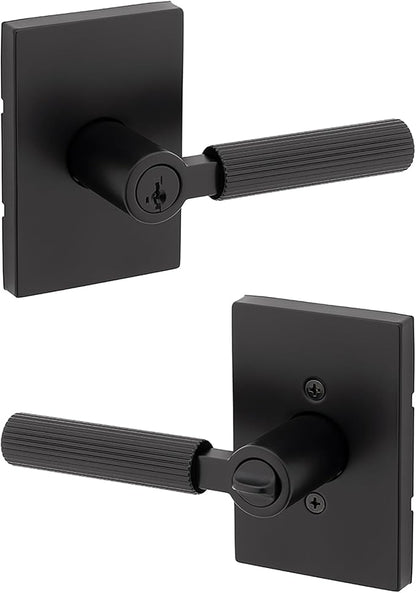 Kwikset Mirada Reeded Entry Door Handle with Lock and Key, Secure Keyed Reversible Lever Exterior, Door Lock for Front Door, Matte Black, Pick Resistant SmartKey Security and Microban