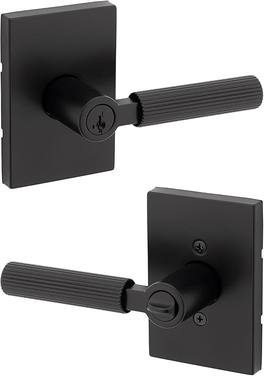 Kwikset Mirada Reeded Entry Door Handle with Lock and Key, Secure Keyed Reversible Lever Exterior, Door Lock for Front Door, Matte Black, Pick Resistant SmartKey Security and Microban