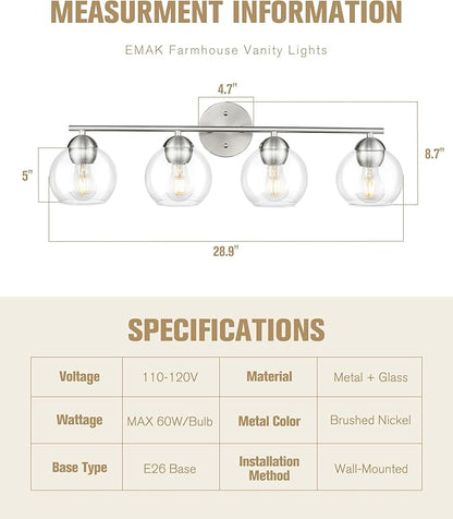 Emak mak 4-Light Bathroom Vanity Light, 29 Inch Brushed Nickel Bathroom Light, Globe Vanity Lighting with Clear Glass Shade for Bath, VL114-BN-4