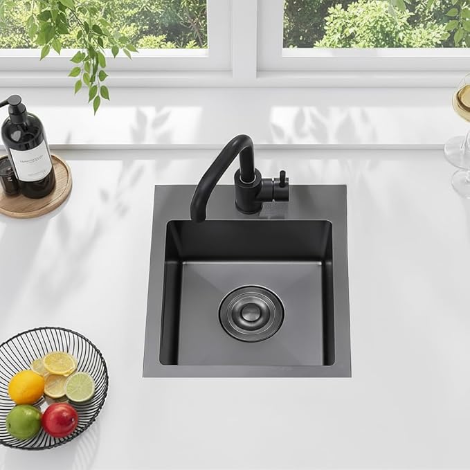 KINGO HOME Black Bar Sink Drop In,13 x 15 Inch Topmount RV 16 Gauge Gunmetal Black Stainless Steel Single Bowl Small Kitchen Sinks,Outdoor Camper Wet Bar Perp Sink with Drain