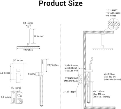 10" Square Ceiling Rain Shower Faucet Set, Brushed Nickel | Anti-scald cartridge, air tech boosts pressure 30%, dual spray, NPT 1/2