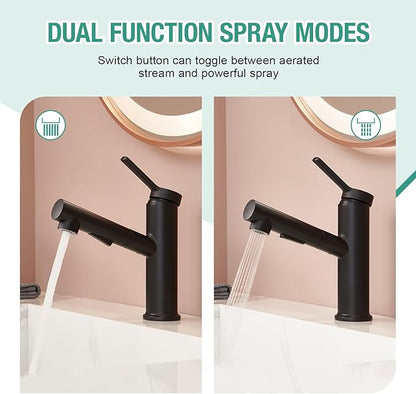 Faustina Matte Black Bathroom Faucet with Pull Out Sprayer, Bathroom Sink Faucet for Vanity or Laundry, Stainless Steel 1 Handle with Deck Plate for 1 or 3 Hole
