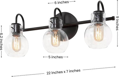 LALUZ Black Bathroom Vanity Light Fixtures, 3-Light Matte Black Farmhouse Vanity Lights with Clear Glass Globe, 22'' Modern Bathroom Lighting Lights Over Mirror