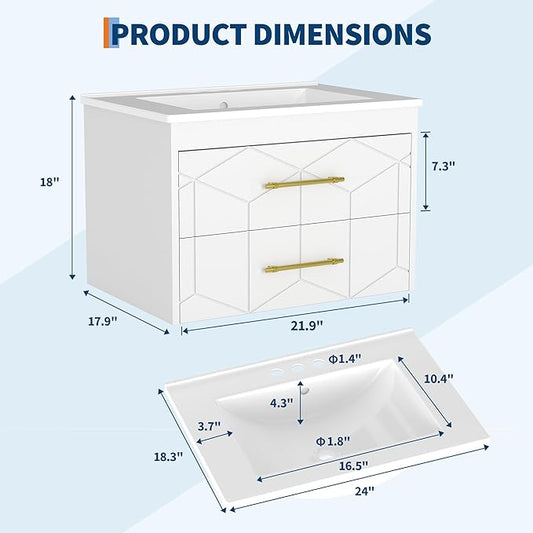 Garvee 24" Bathroom Vanity with Sink, Floating Bathroom Vanity with Ceramic Basin, 2 Large Storage Drawers with Gold Metal Handle, Modern Wall Mounted Bathroom Cabinet with Sink, White
