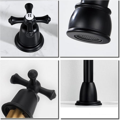 RKF Bathroom Faucets for Sink 3 Hole Matt Black 8 inch Widespread Bathroom Sink Faucet with Drain 2 Handles Cross Knobs Faucet Vanity Faucet Basin Mixer Tap with Hose & Deck CWF039-MB