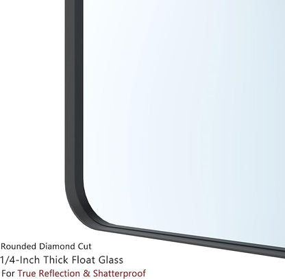 VocalStar Black Metal Framed Bathroom Mirror for Wall, 48 x 36 Inch Large Rounded Rectangle Matte Black Bathroom Vanity Mirror Farmhouse, 1/4-inch Shatterproof Glass | Ultra-Flush Hanging