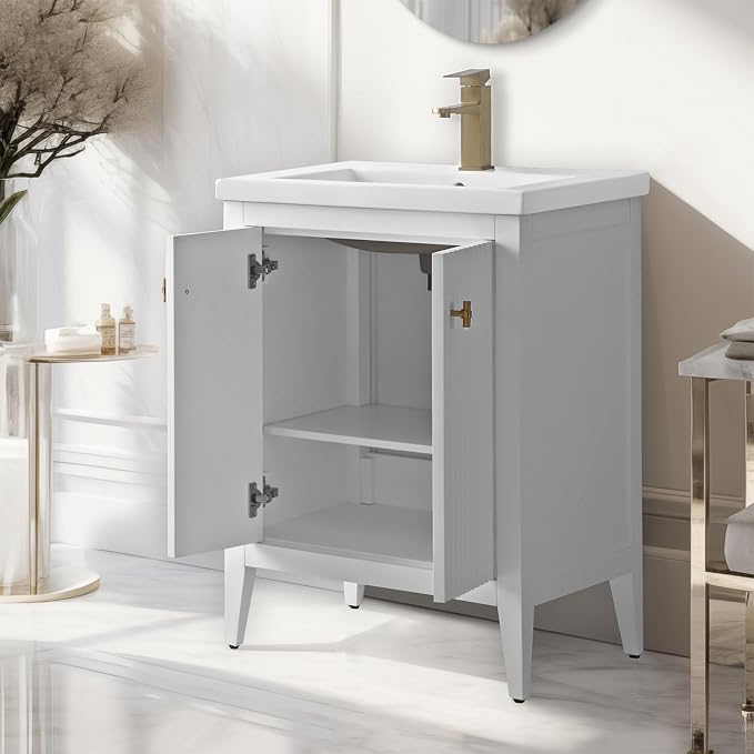 Vanity Art 24 inch Bathroom Vanity with Single Sink & Ceramic Top, Vanity Cabinet with Soft-Closing Door, Solid Wood Frame, Linear Pattern, White, VA9124-W-MB,Matte Black Handles