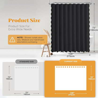 BTTN 108x72 Boho Scalloped Linen Textured Cloth Shower Curtain Set, Black | Extra Wide Size, 230GSM Waterproof Polyester, Heavy Duty Fabric, 18 Plastic Hooks, Modern Farmhouse Style, Machine Washable