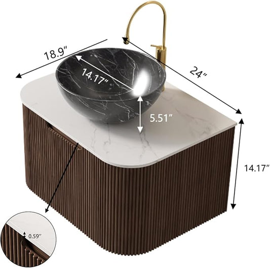 Yayzy 24" Floating Bathroom Vanity with Sink, Solid Wood Fluted Cabinet, White Marble-Patterned Ceramic Basin & Faux Marble Top, Soft-Close Drawer, Pre-Assembled, Walnut Woodgrain