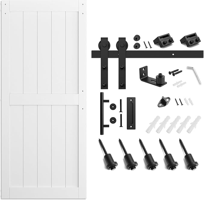 SMARTSTANDARD 36" x 84" White Sliding Barn Door with 6.6FT Black Hardware | Pre-Drilled Ready to Assemble, Waterproof PVC Coating, H-Frame