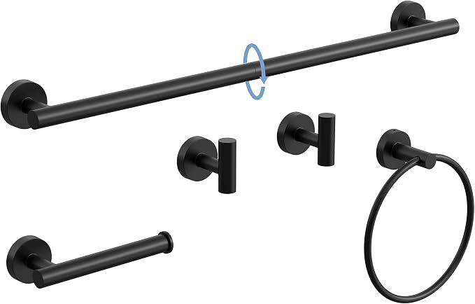 Matte Black Bathroom Accessories Set SUS304 Stainless Steel 5 Pieces | Evolvegoods Bathroom Hardware Set, 26 Inch Bath Towel Bar Set, 2 Towel Hooks, Toilet Paper Holder, Towel Racks for Bathroom