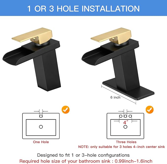BWE Waterfall Bathroom Faucet Black and Gold Single Handle Commercial Bathroom Sink Faucet with Pop Up Drain Assembly and 6" Deck Plate Fit Sink 1 or 3 Hole rv Vanity Lavatory Mixer Tap