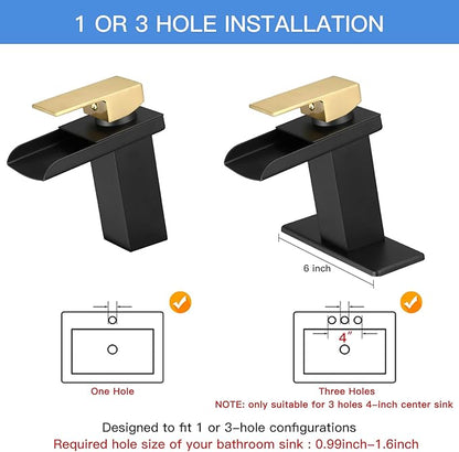BWE Waterfall Bathroom Faucet Black and Gold Single Handle Commercial Bathroom Sink Faucet with Pop Up Drain Assembly and 6" Deck Plate Fit Sink 1 or 3 Hole rv Vanity Lavatory Mixer Tap
