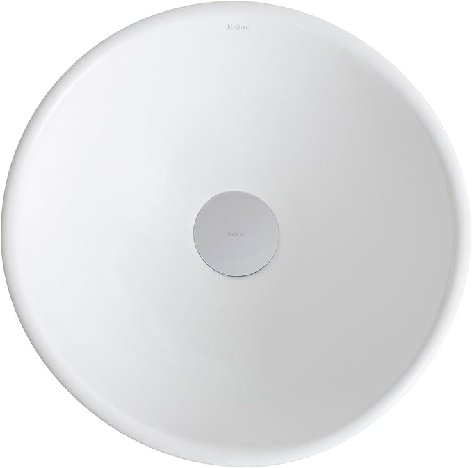 Kraus KCV-341-BN Modern Elavo Ceramic Small Round Vessel Bathroom Sink with Pop Up Drain, Brushed Nickel/White