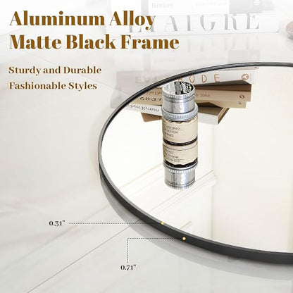 Large Black Round Bathroom Mirror 42" with Thin Metal Frame | Circle Wall Mounted Mirror Hanging or Leaning Decor for Hallway, Entryway, Fireplace Mantel, Living Room