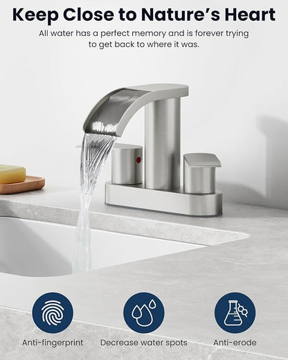 gotonovo 4 Inch Centerset Waterfall Bathroom Sink Faucet Deck Mount 2 Handle Basin Faucets 2 or 3 Hole with Pop Up Drain Included Lavatory Modern Mixer Tap Vanity Faucet Brushed Nickel